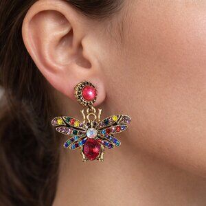 Women's Multicolor Rhinestone Bee Drop Earrings Gold Tone Statement Jewelry